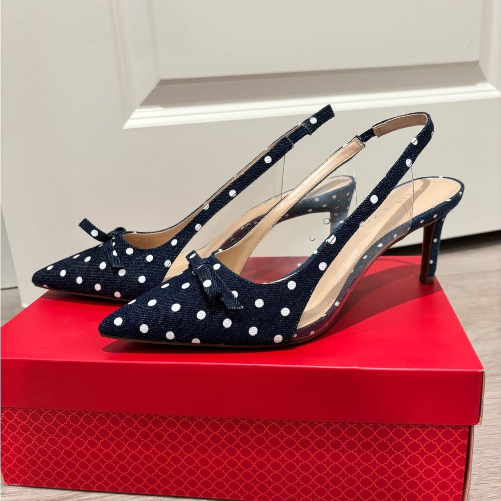 BNIB! Kelly & Katie Navy Polkadot Slingback Heels sz 8